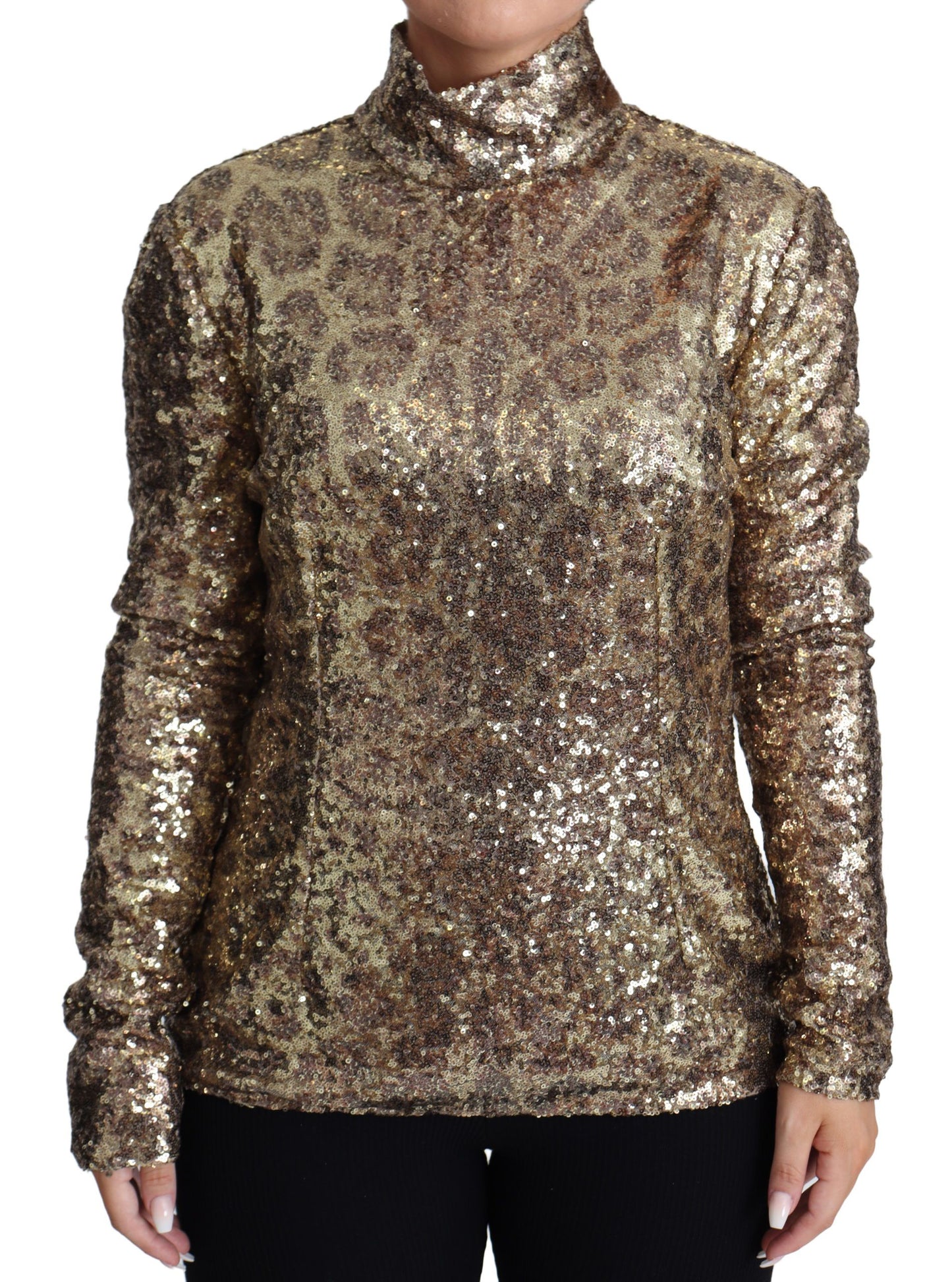 Dolce & Gabbana Sequined Turtleneck Full Zip Sweater in Brown IT46 / XL