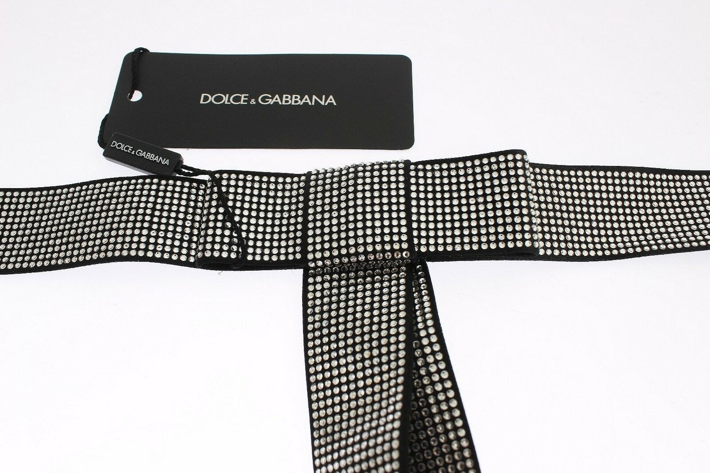 Dolce & Gabbana Black Silk Crystal Bow Waist Belt Elegance SIZE S