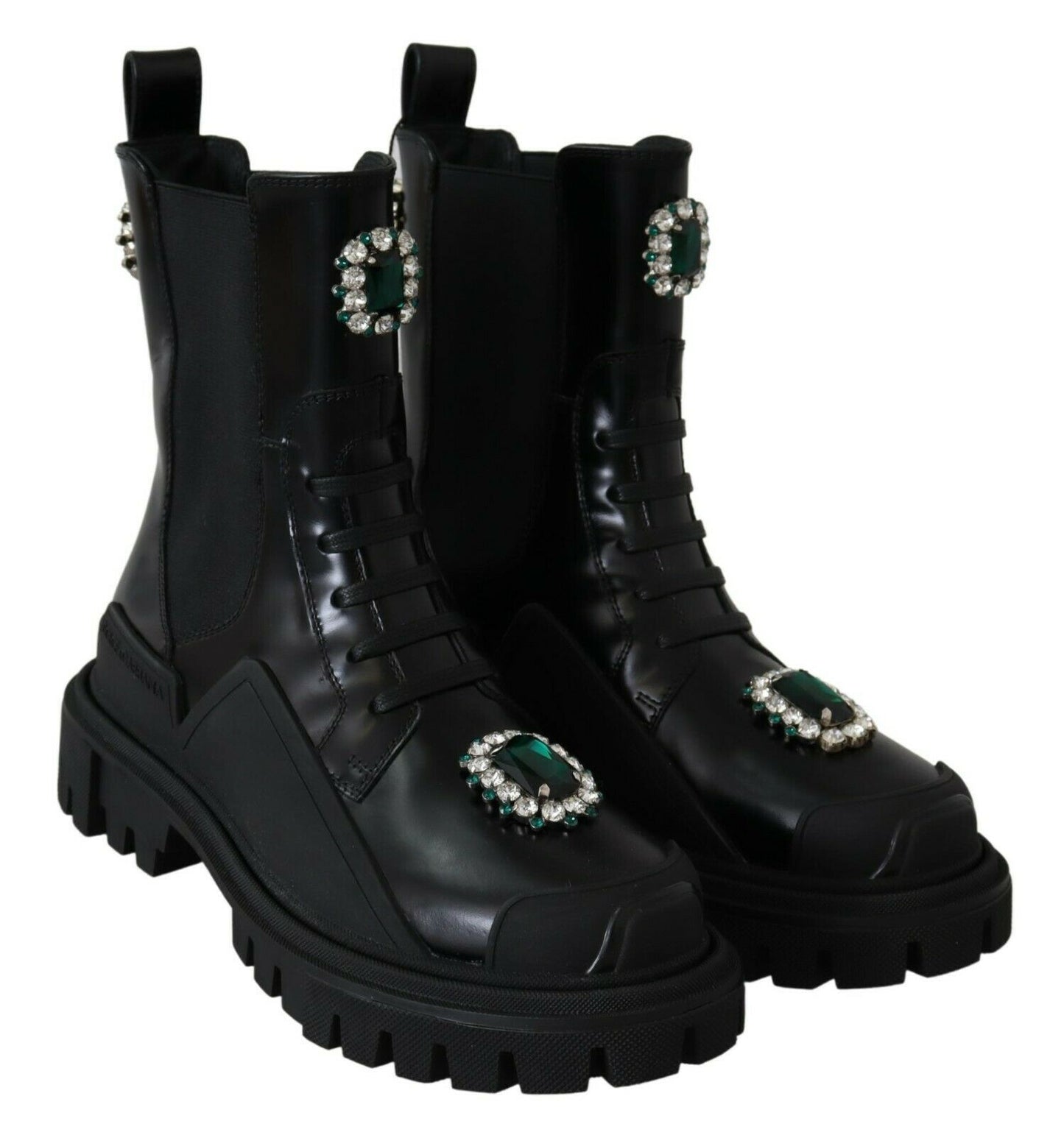 Dolce & Gabbana Elegant Black Leather Combat Boots with Crystal Detail EU35 / US4.5