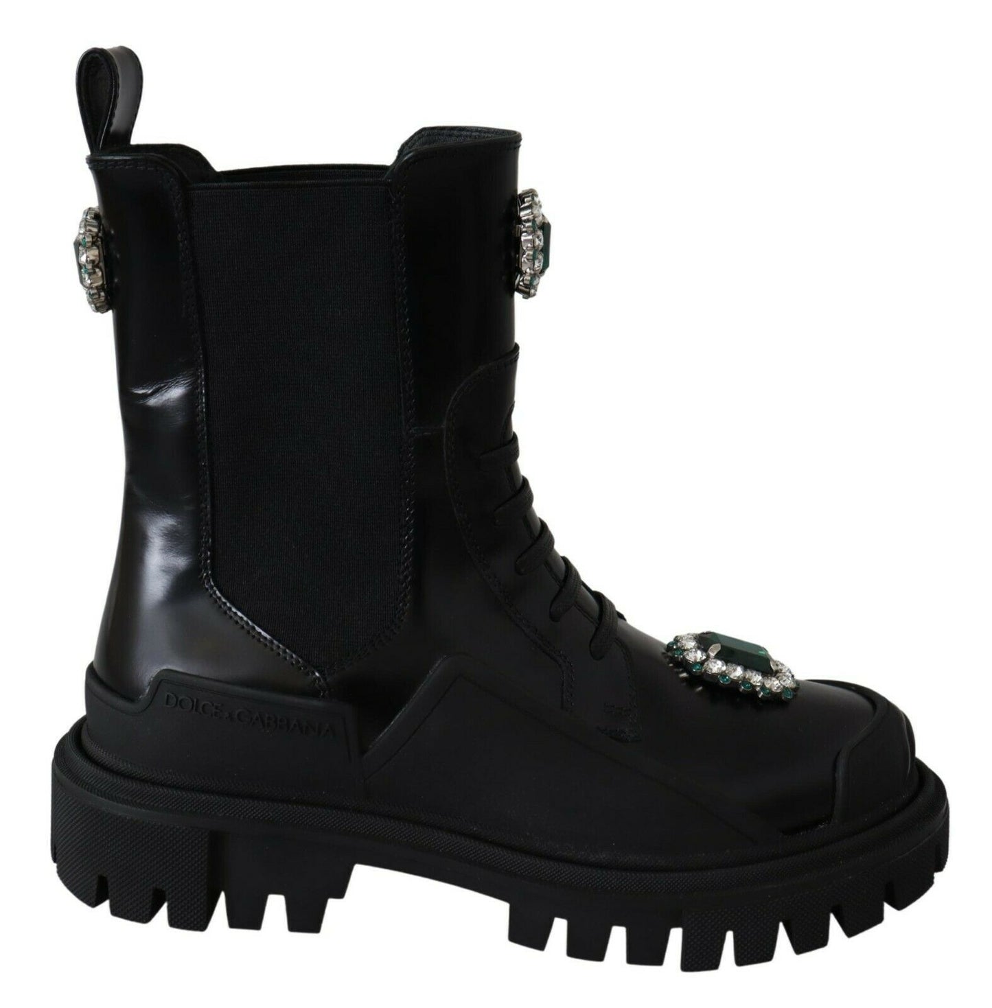 Dolce & Gabbana Elegant Black Leather Combat Boots with Crystal Detail EU35 / US4.5