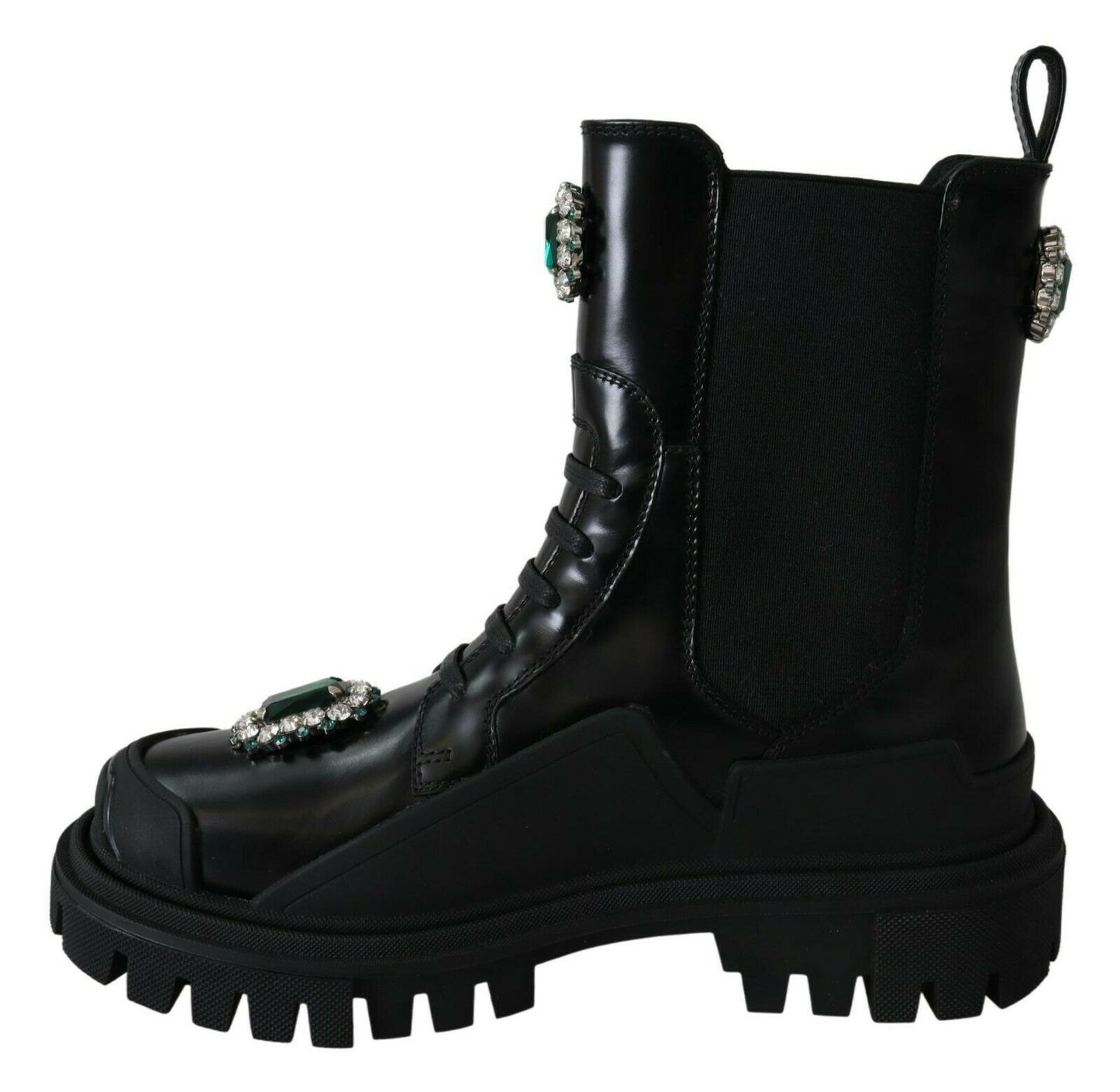 Dolce & Gabbana Elegant Black Leather Combat Boots with Crystal Detail EU35 / US4.5