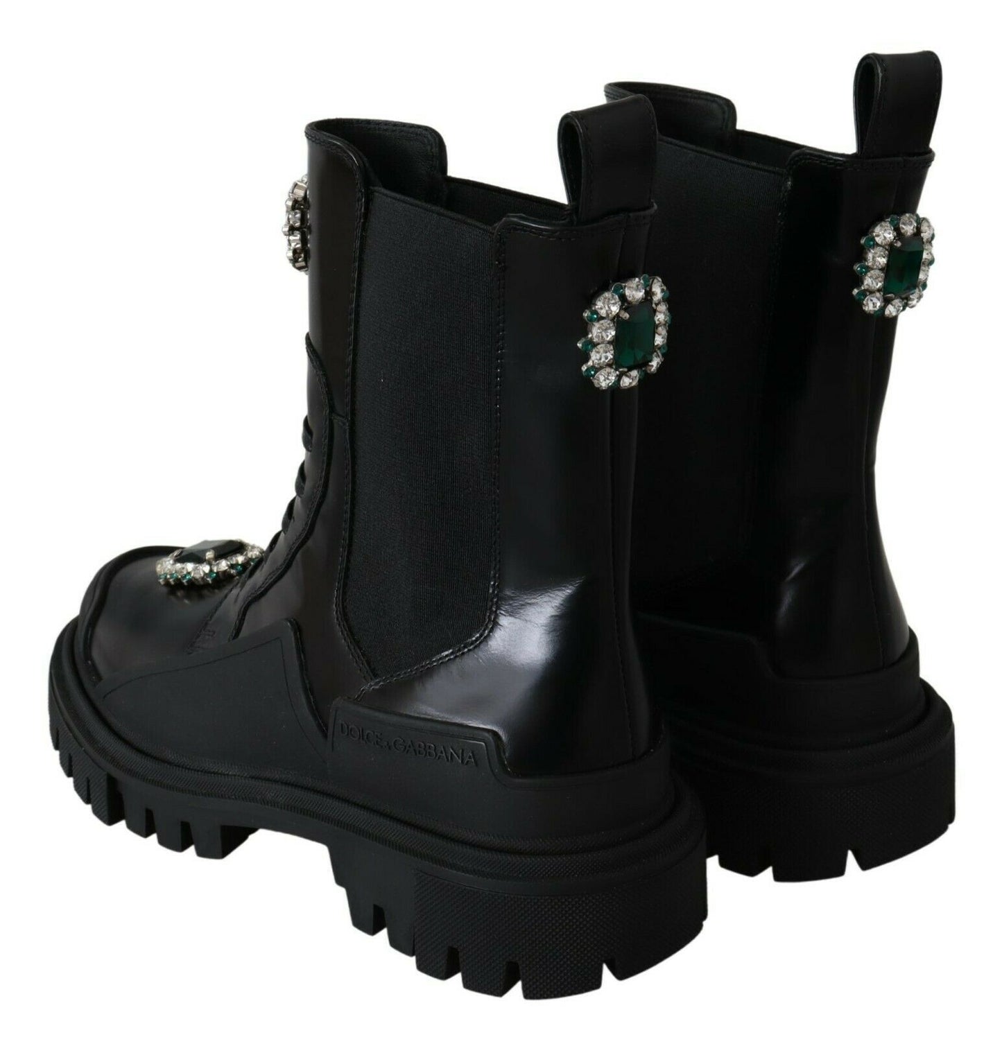 Dolce & Gabbana Elegant Black Leather Combat Boots with Crystal Detail EU35 / US4.5