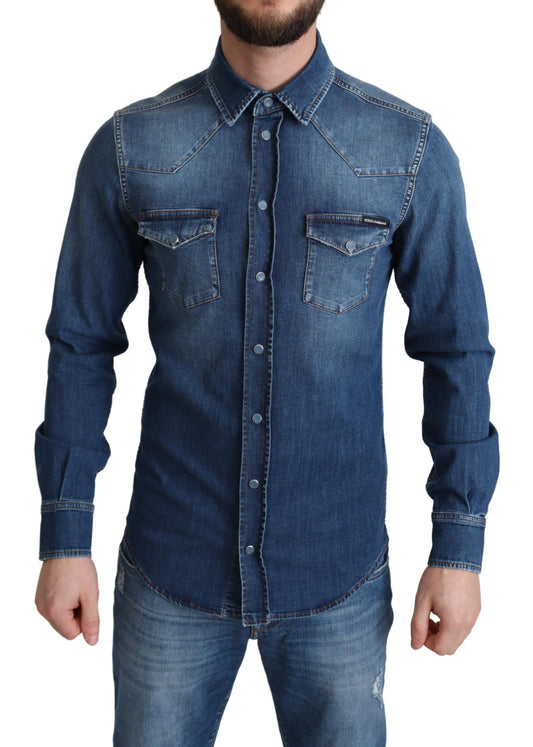 Dolce & Gabbana Elegant Denim Long Sleeve Casual Shirt IT38 | XS