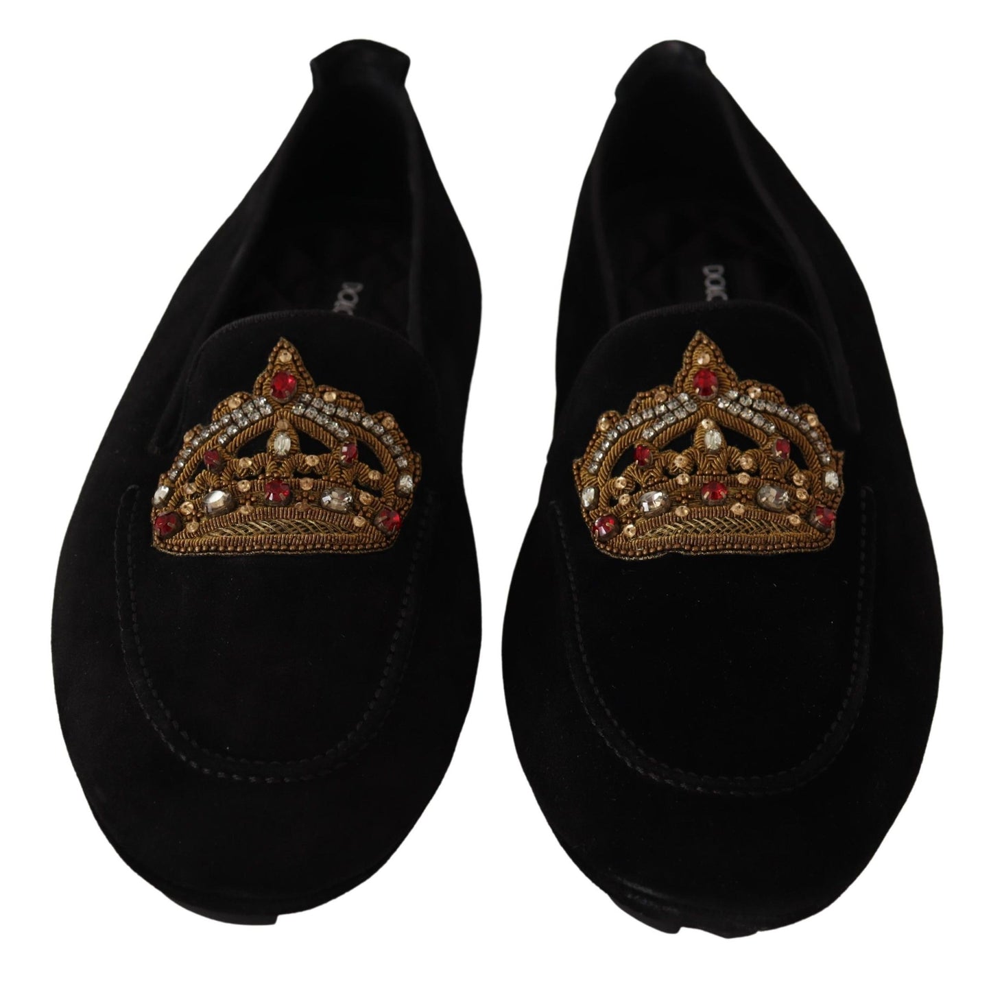 Dolce & Gabbana Elegant Black Leather Loafer Slides with Gold Embroidery EU39 / US6