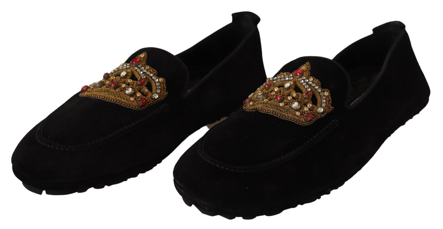 Dolce & Gabbana Elegant Black Leather Loafer Slides with Gold Embroidery EU39 / US6