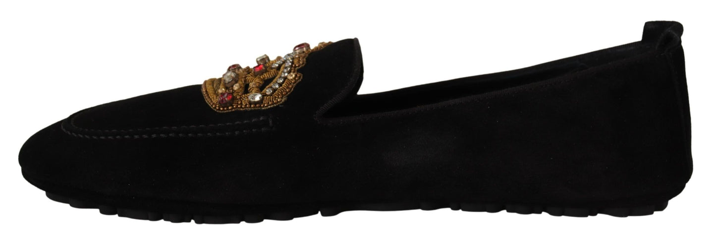 Dolce & Gabbana Elegant Black Leather Loafer Slides with Gold Embroidery EU39 / US6