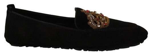 Dolce & Gabbana Elegant Black Leather Loafer Slides with Gold Embroidery EU39 / US6