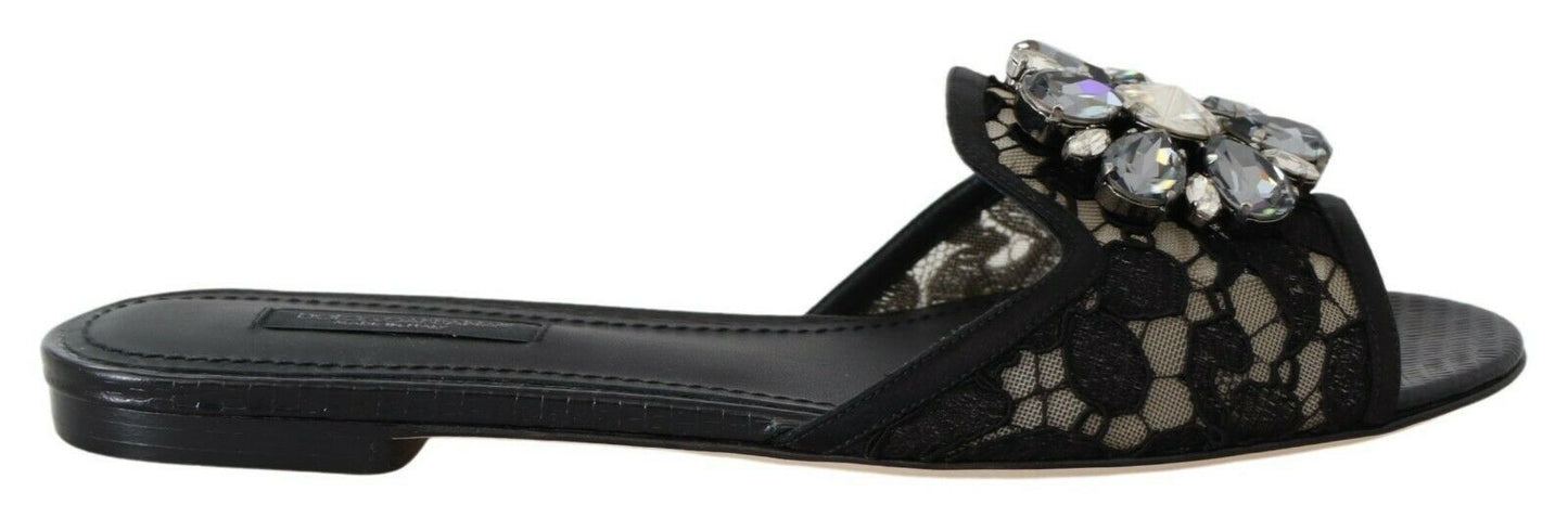 Dolce & Gabbana Elegant Black Lace Mules with Jewel Flower Detail EU35.5 / US5