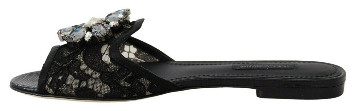 Dolce & Gabbana Elegant Black Lace Mules with Jewel Flower Detail EU35.5 / US5