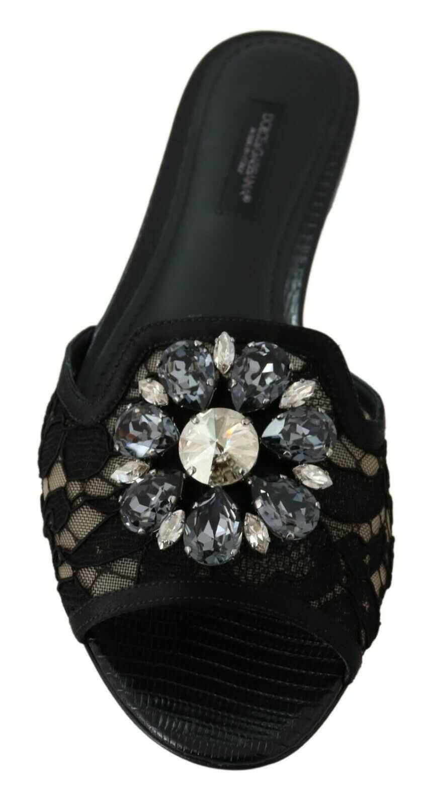 Dolce & Gabbana Elegant Black Lace Mules with Jewel Flower Detail EU35.5 / US5