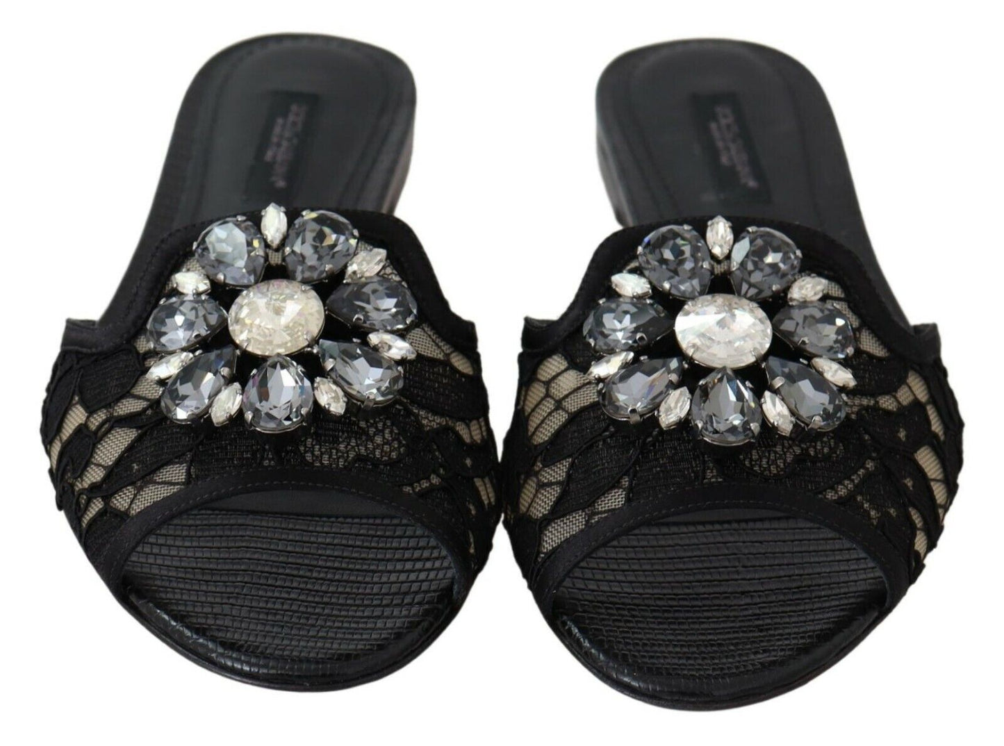 Dolce & Gabbana Elegant Black Lace Mules with Jewel Flower Detail EU35.5 / US5