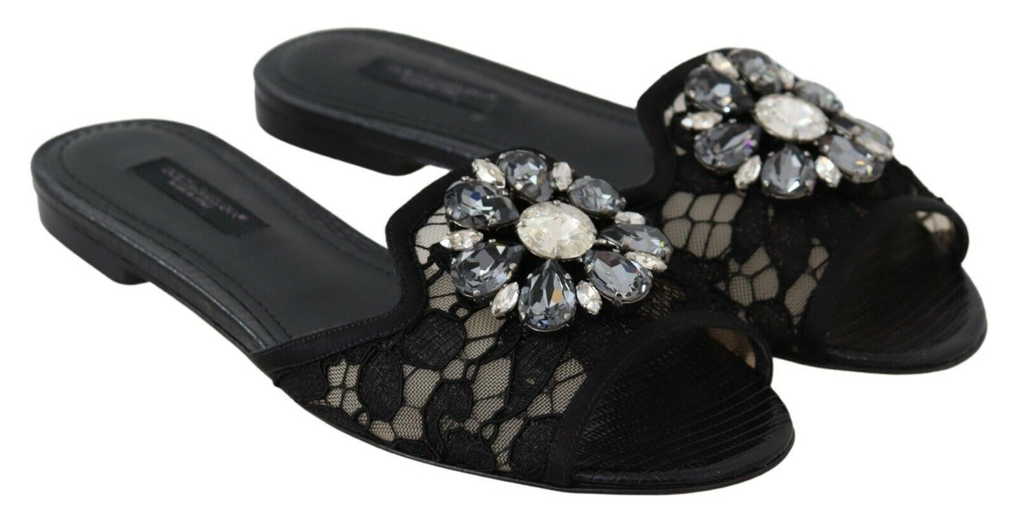 Dolce & Gabbana Elegant Black Lace Mules with Jewel Flower Detail EU35.5 / US5