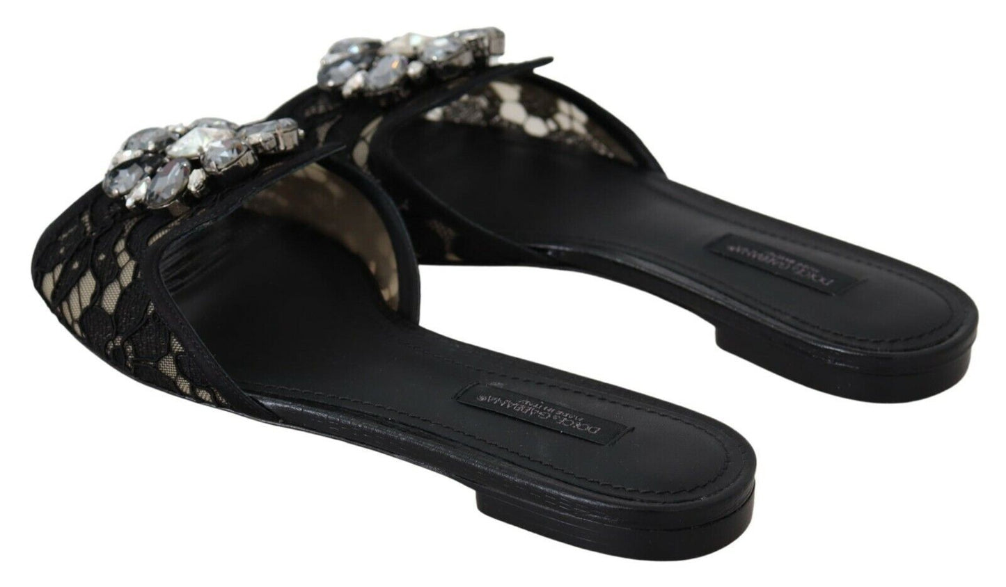 Dolce & Gabbana Elegant Black Lace Mules with Jewel Flower Detail EU35.5 / US5