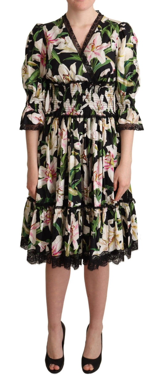 Dolce & Gabbana Elegant Lily Print Midi Dress with Lace Trim IT36 / XS