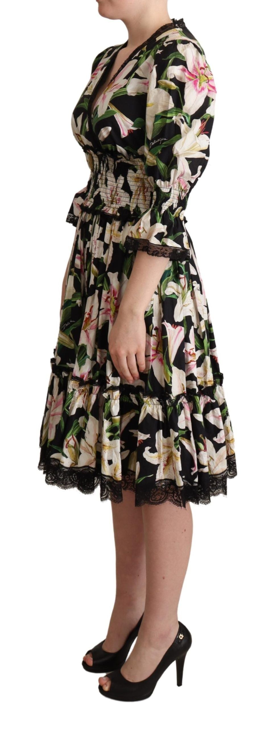 Dolce & Gabbana Elegant Lily Print Midi Dress with Lace Trim IT36 / XS