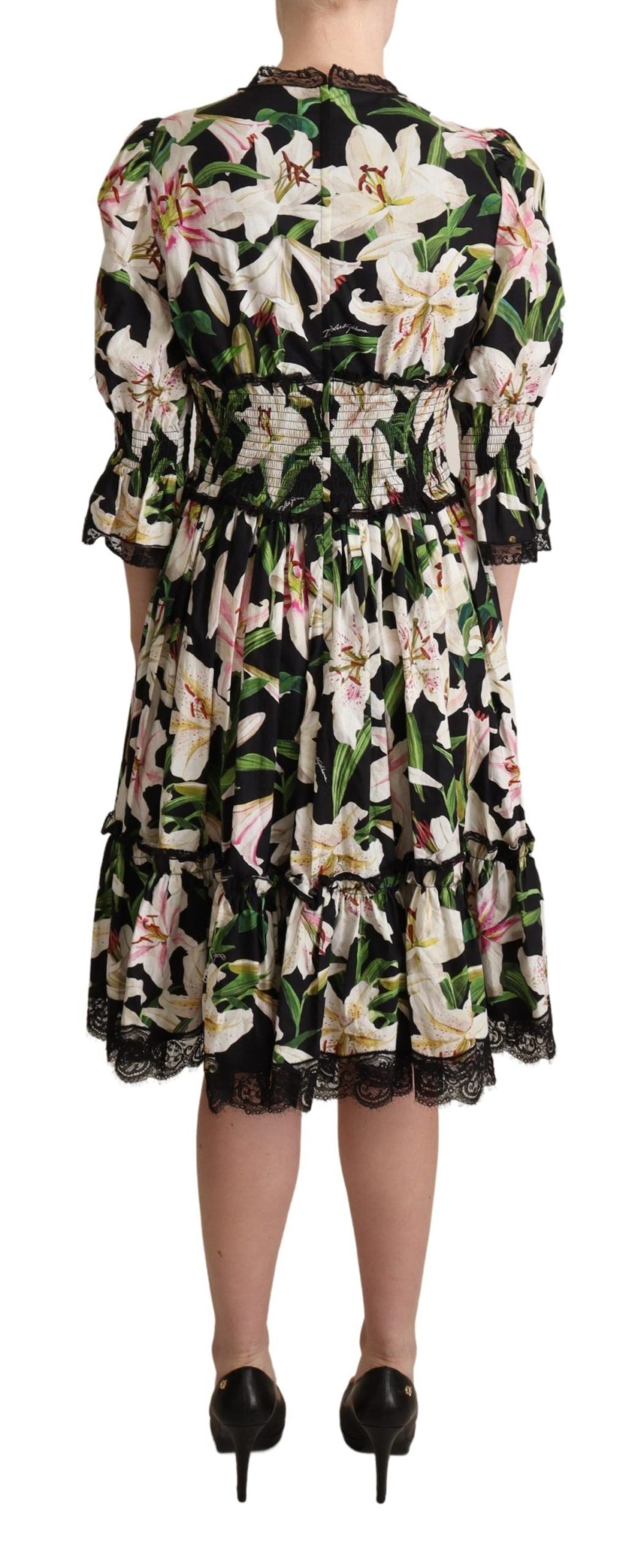 Dolce & Gabbana Elegant Lily Print Midi Dress with Lace Trim IT36 / XS