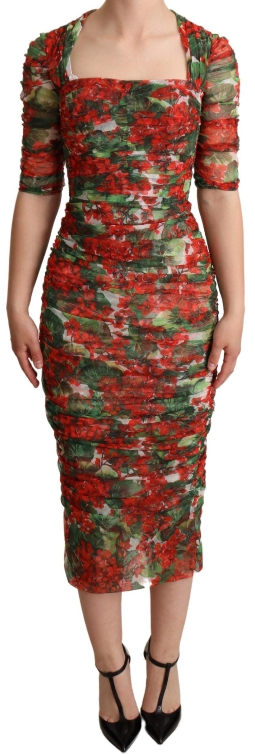 Dolce & Gabbana Elegant Red Floral Midi Sheath Dress IT36 / XS