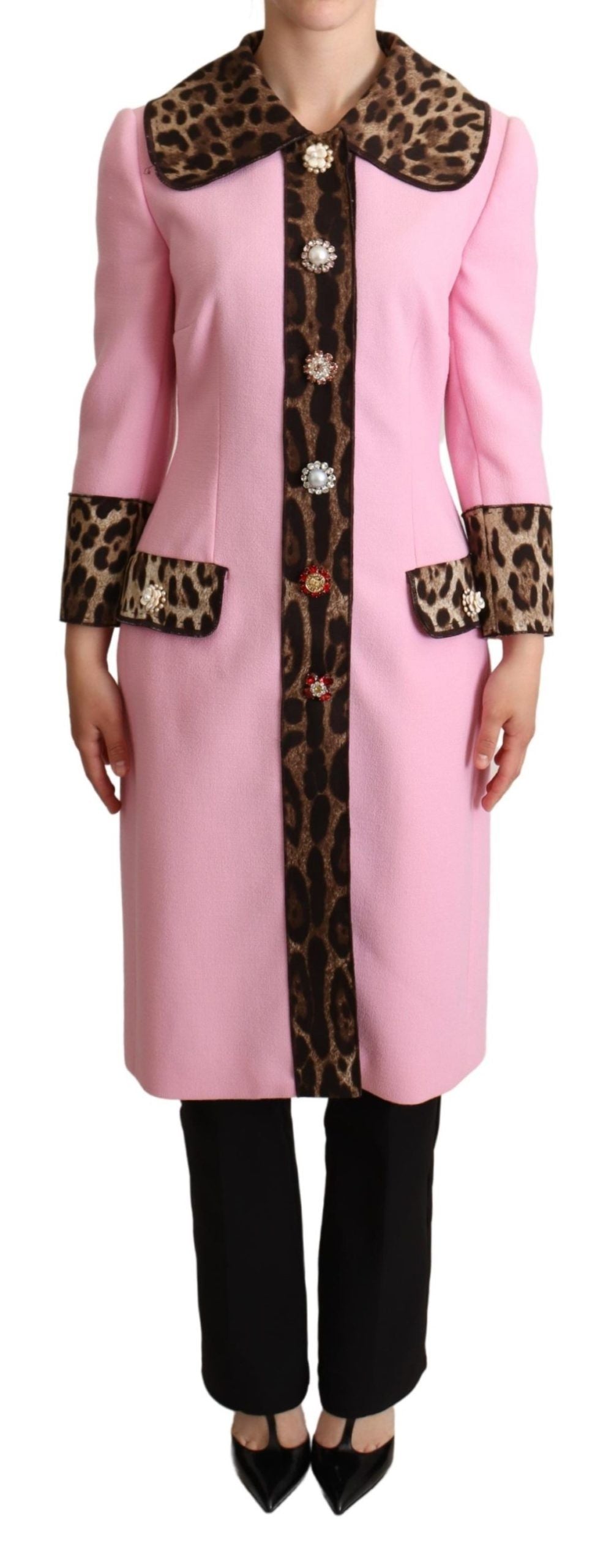 Dolce & Gabbana Chic Pink Leopard Trench with Crystal Buttons IT38 / XS