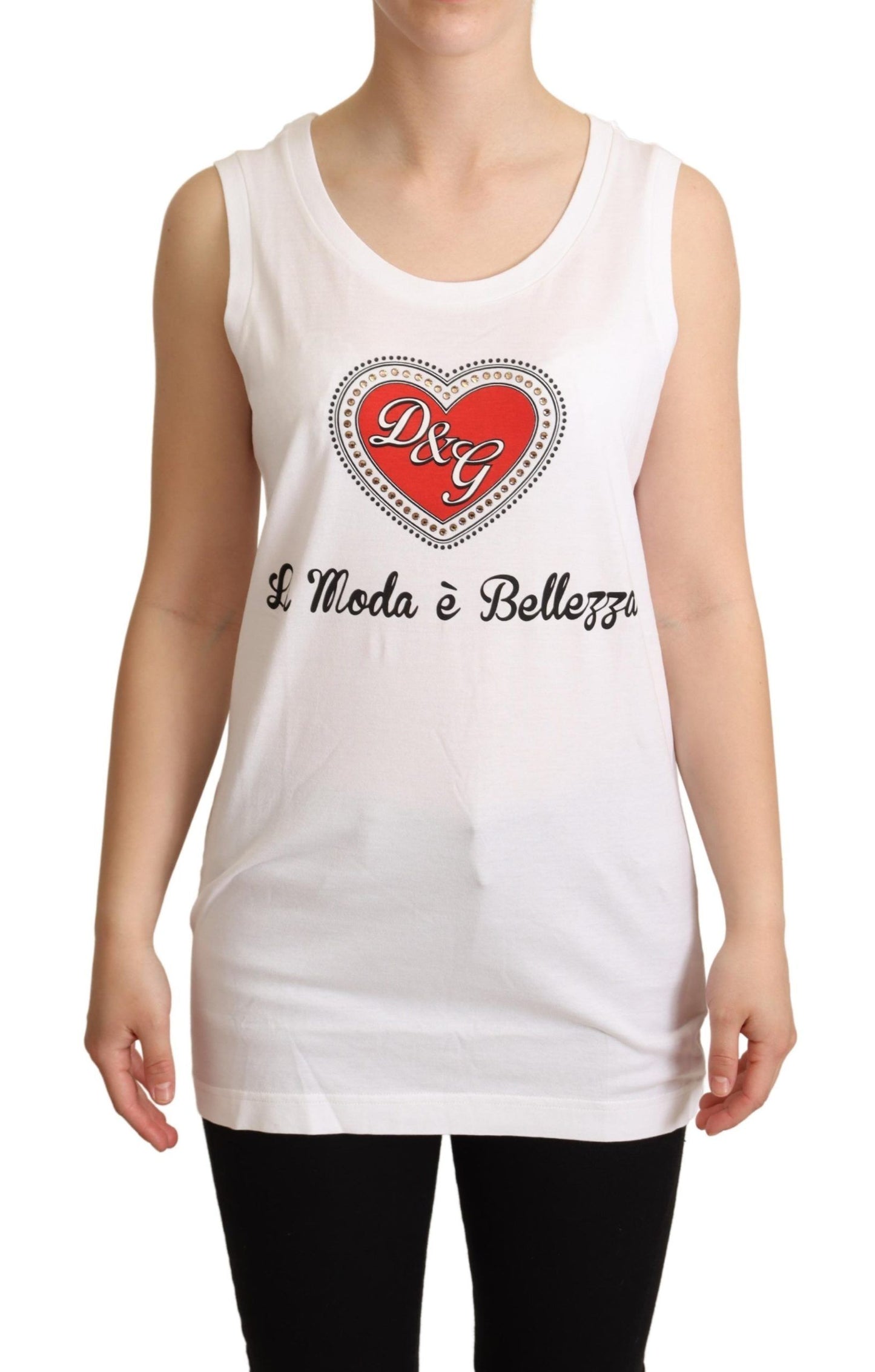 Dolce & Gabbana Crystal Embellished Heart White Sleeveless Tee IT36 / XXS