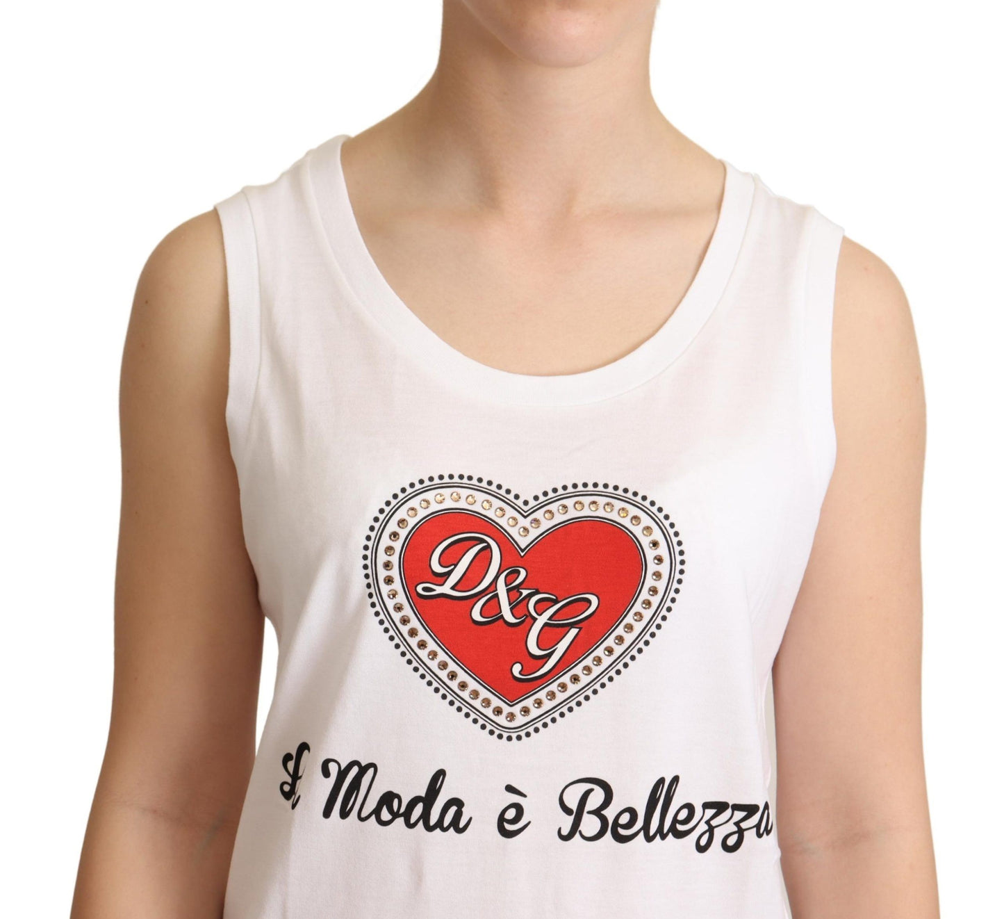 Dolce & Gabbana Crystal Embellished Heart White Sleeveless Tee IT36 / XXS