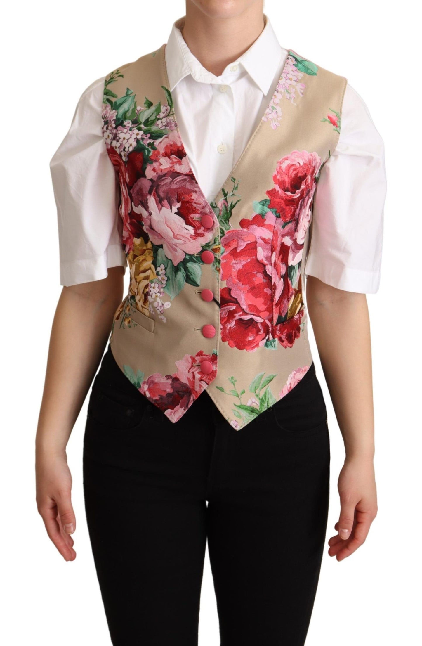 Dolce & Gabbana Elegant Floral Beige Sleeveless Vest IT40 | S