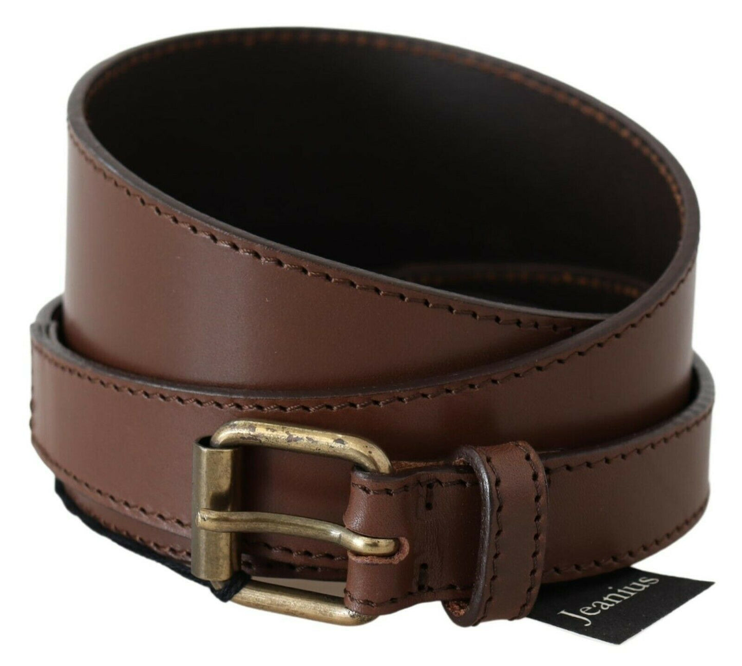 PLEIN SUD Chic Brown Leather Fashion Belt with Bronze-Tone Hardware 95 cm / 38 Inches