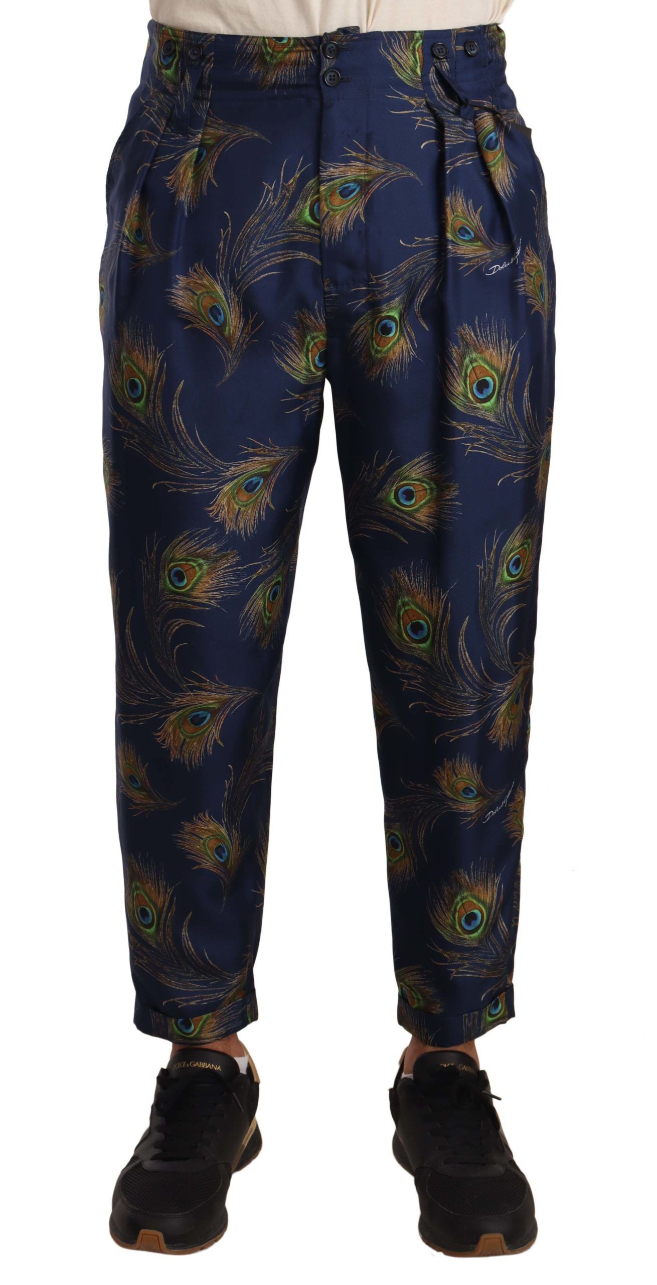 Dolce & Gabbana Exquisite Peacock Print Silk Trousers IT48 / M