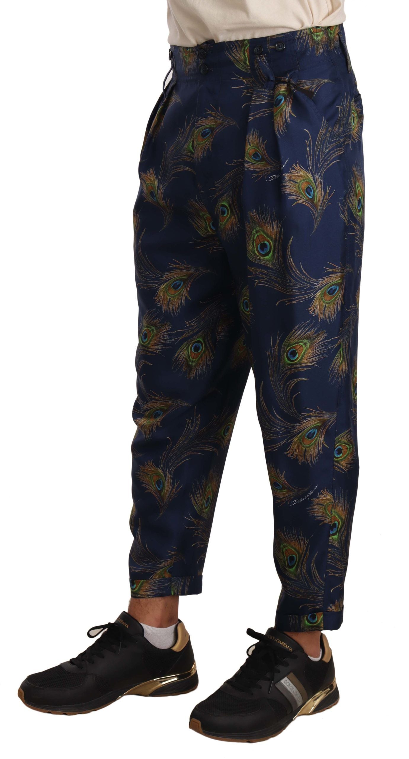 Dolce & Gabbana Exquisite Peacock Print Silk Trousers IT48 / M