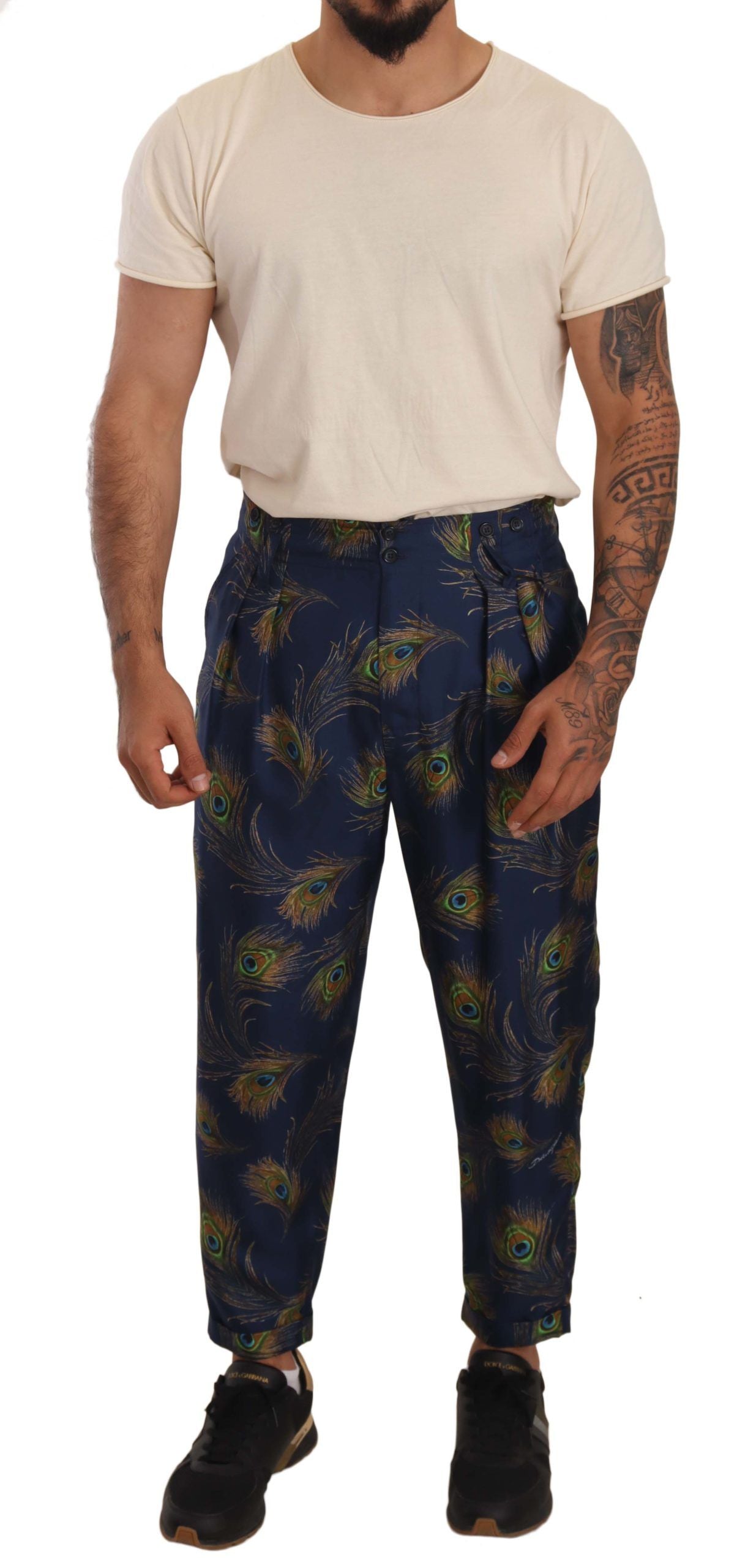 Dolce & Gabbana Exquisite Peacock Print Silk Trousers IT48 / M