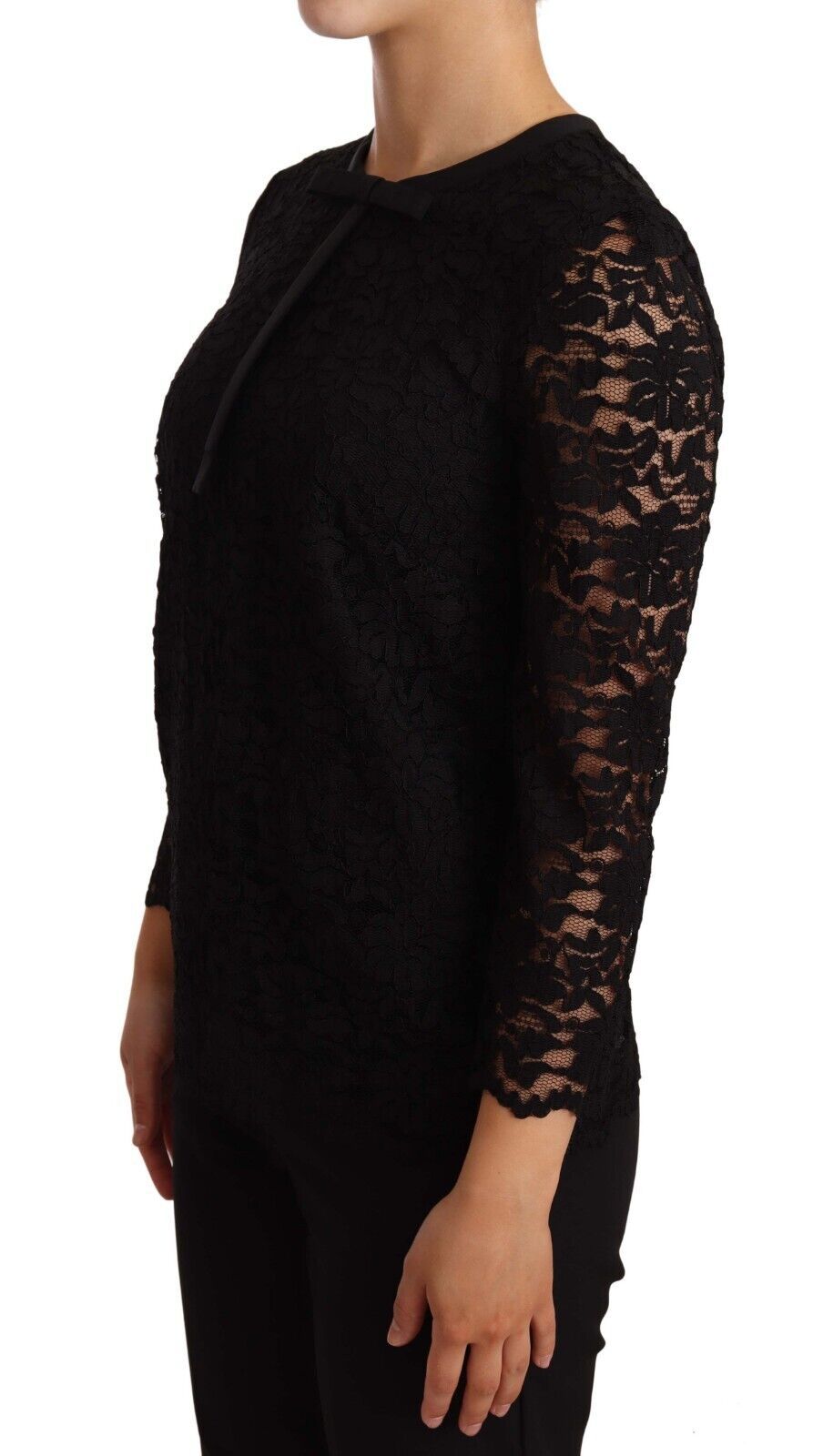 Dolce & Gabbana Elegant Black Floral Lace Long Sleeve Top IT36 / XS