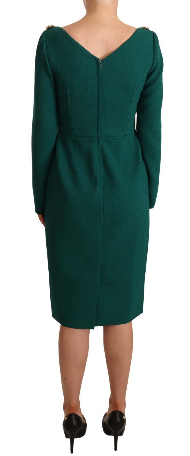 Dolce & Gabbana Emerald Green Midi Sheath Dress with Crystal Brooch IT44 | L