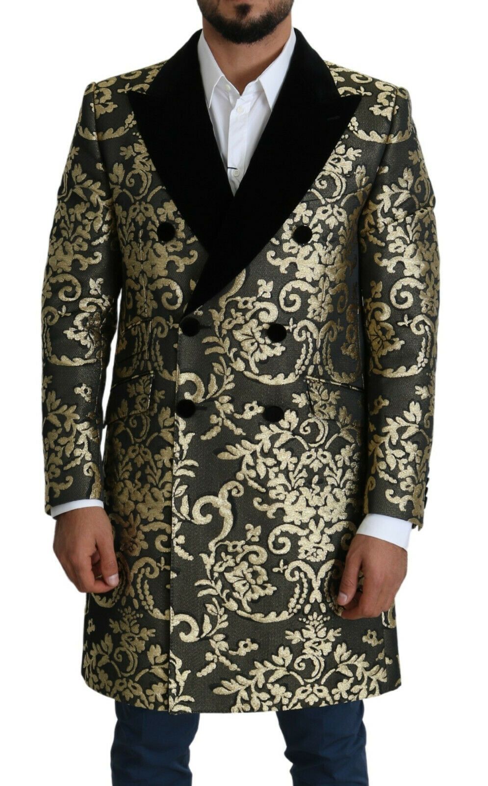 Dolce & Gabbana Gold Black Sicilia Jacquard Double-Breasted Coat IT46 / S