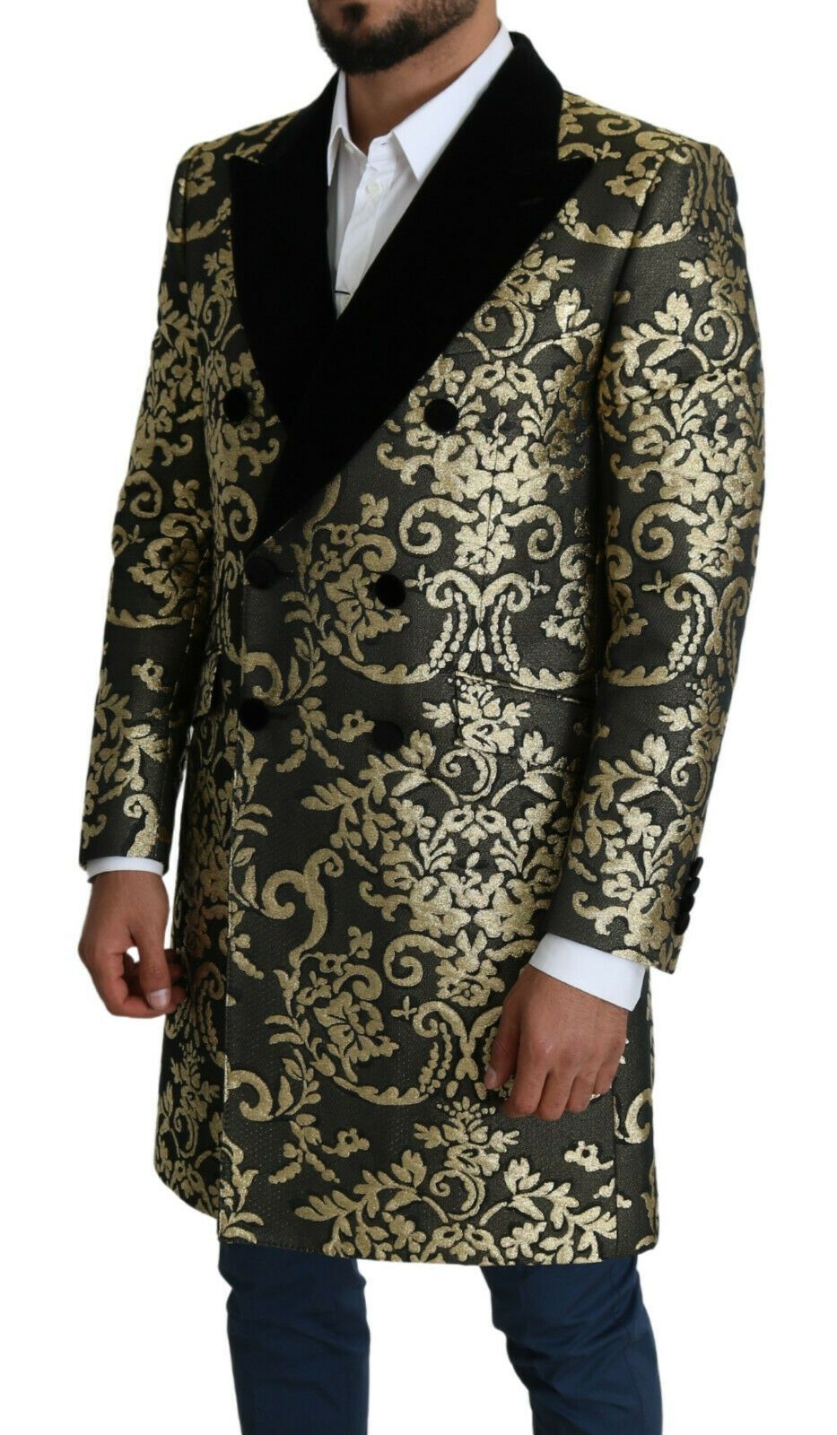 Dolce & Gabbana Gold Black Sicilia Jacquard Double-Breasted Coat IT46 / S