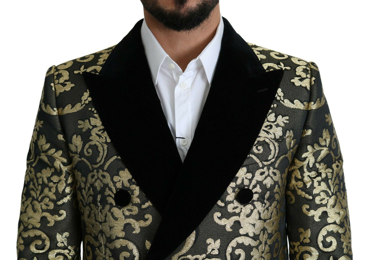 Dolce & Gabbana Gold Black Sicilia Jacquard Double-Breasted Coat IT46 / S