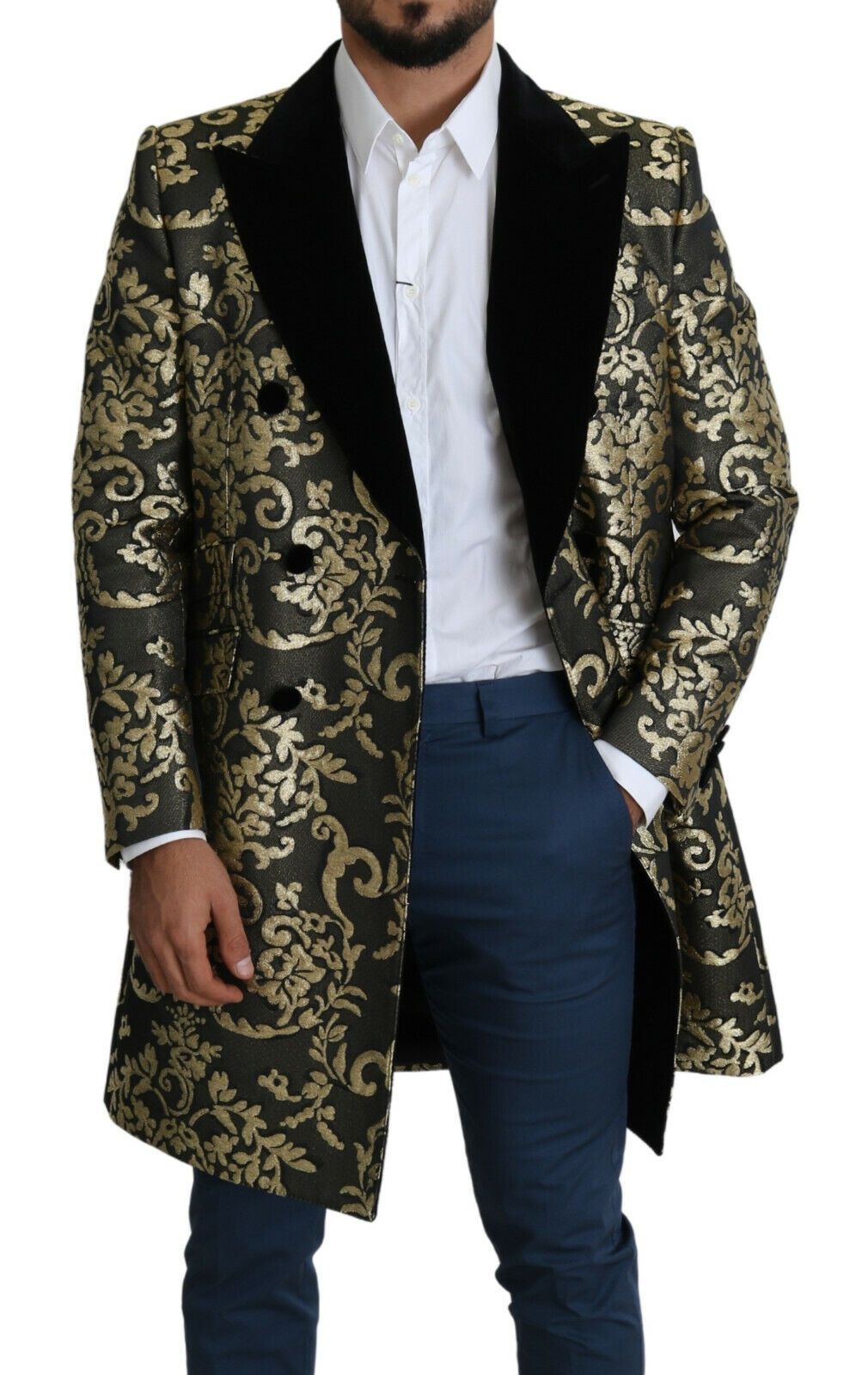 Dolce & Gabbana Gold Black Sicilia Jacquard Double-Breasted Coat IT46 / S