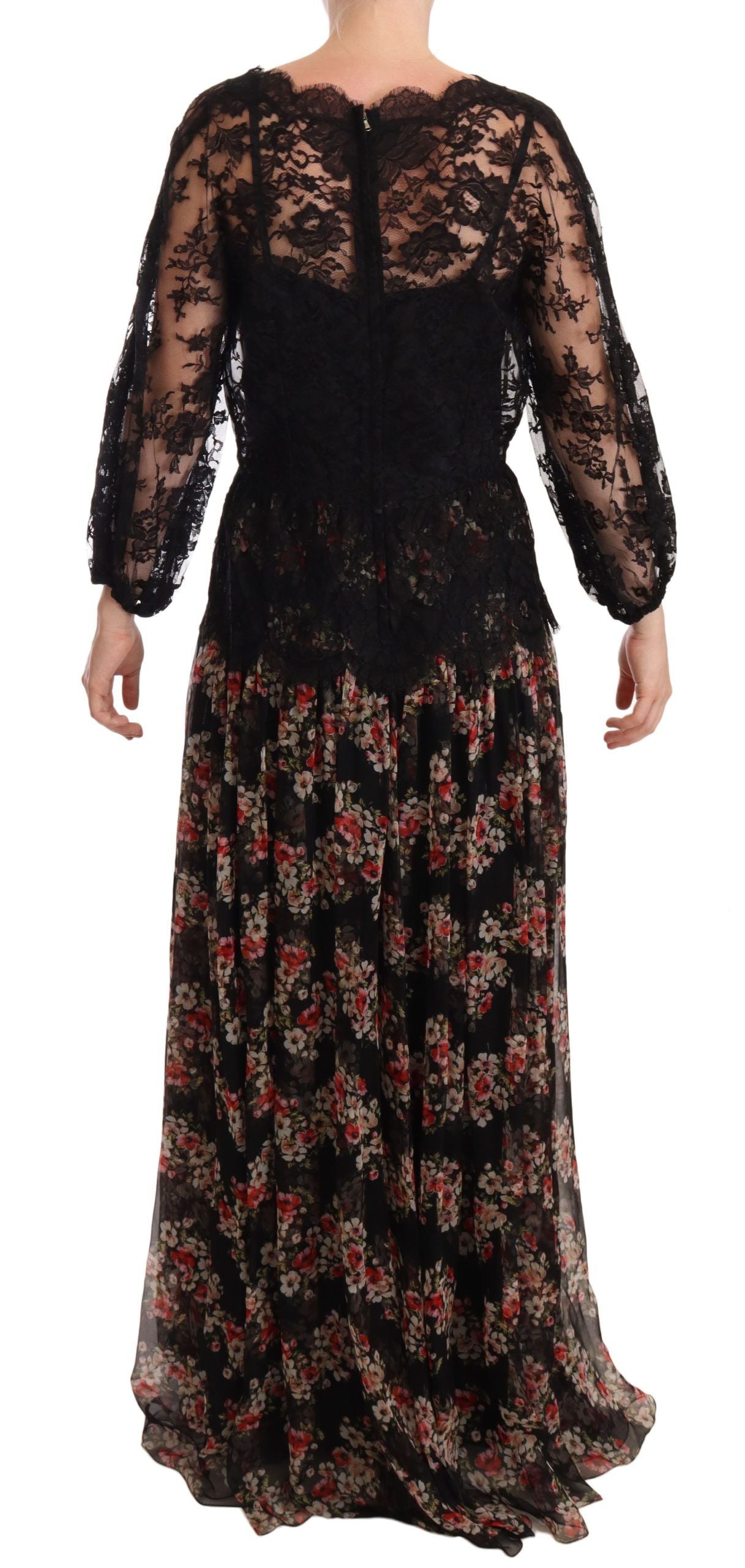 Dolce & Gabbana Elegant Lace Floral Maxi Dress with Polka Dots IT46 / XL