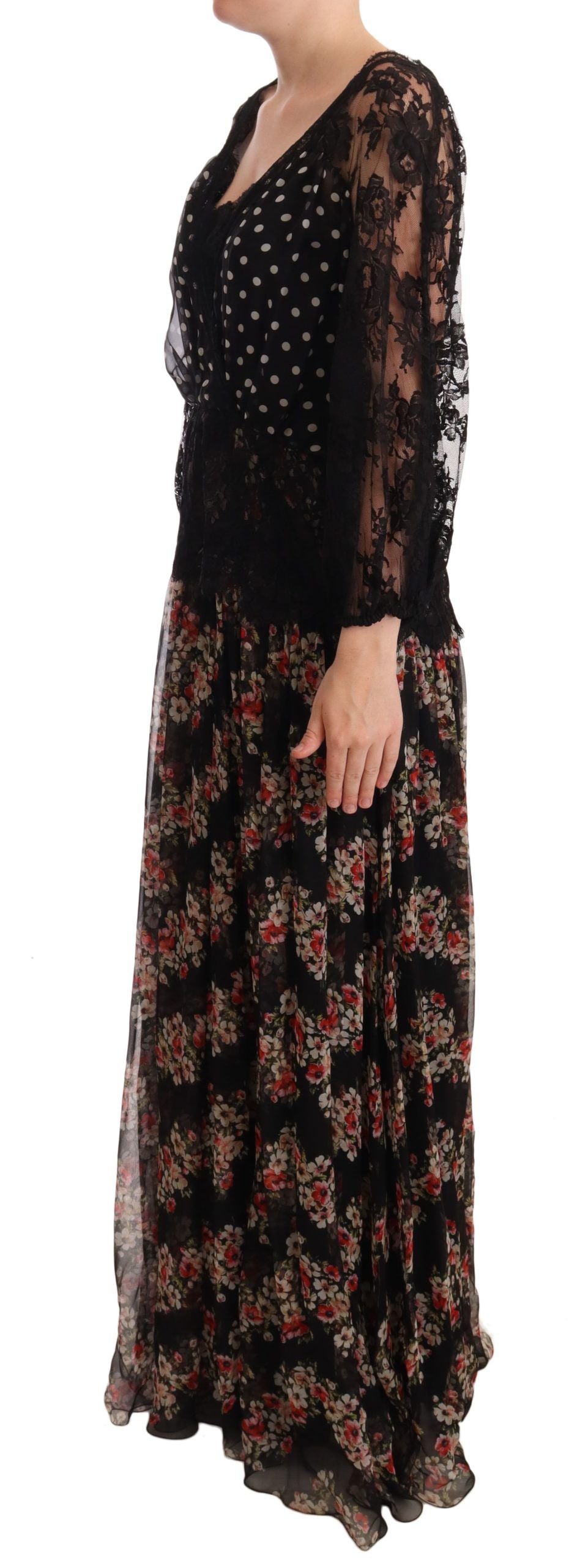 Dolce & Gabbana Elegant Lace Floral Maxi Dress with Polka Dots IT46 / XL