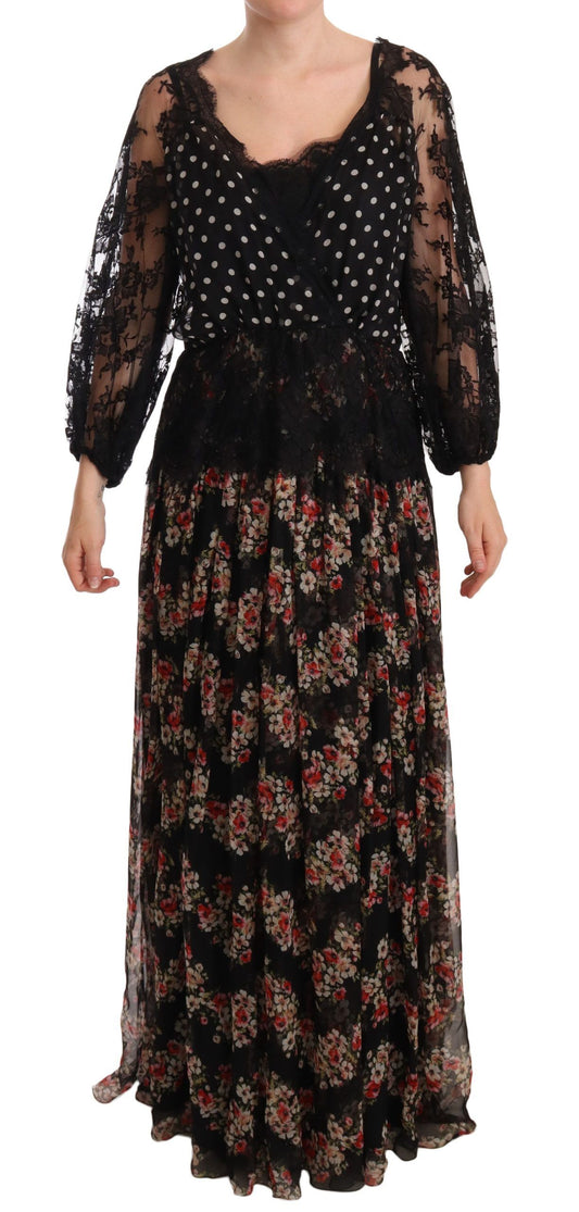 Dolce & Gabbana Elegant Lace Floral Maxi Dress with Polka Dots IT46 / XL