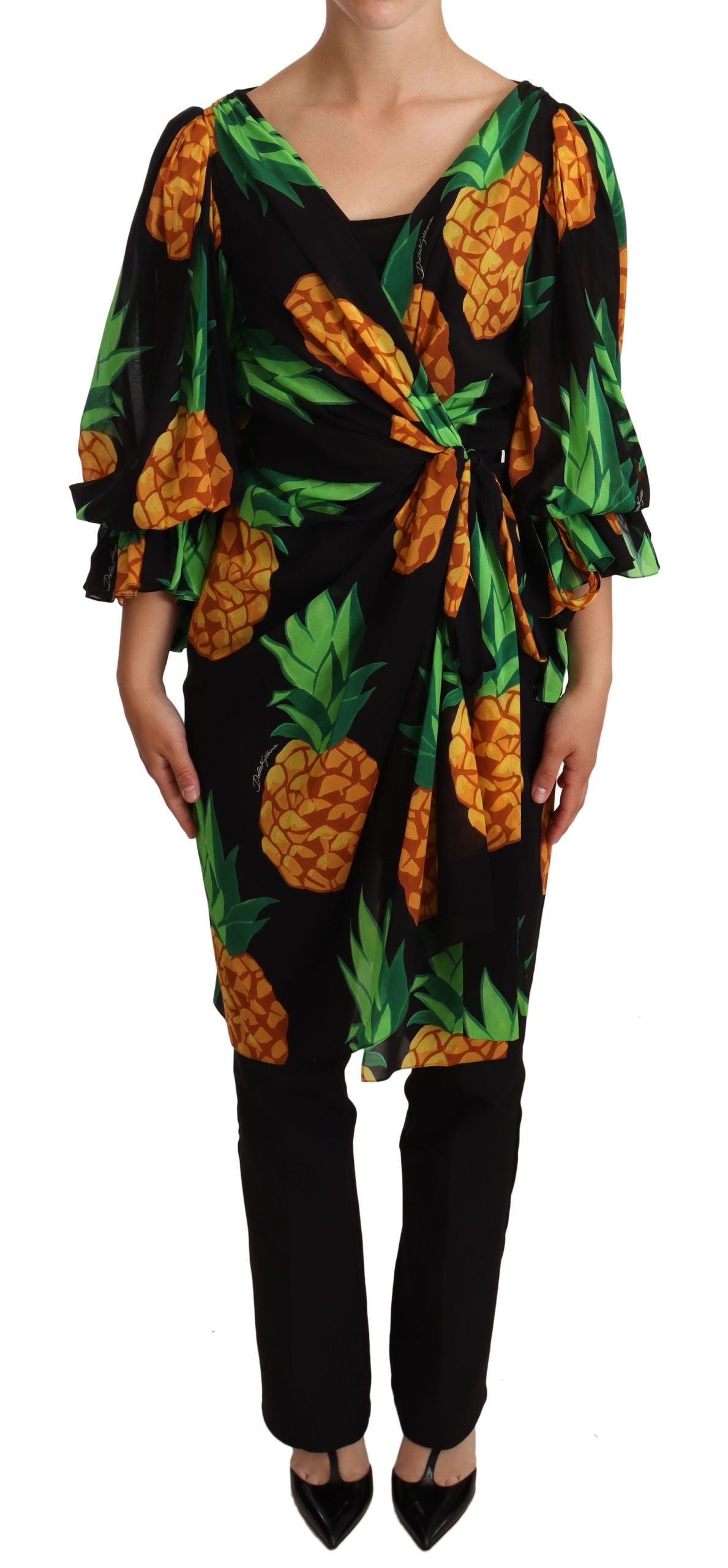 Dolce & Gabbana Vibrant Pineapple Draped Wrap Dress IT36 / XS