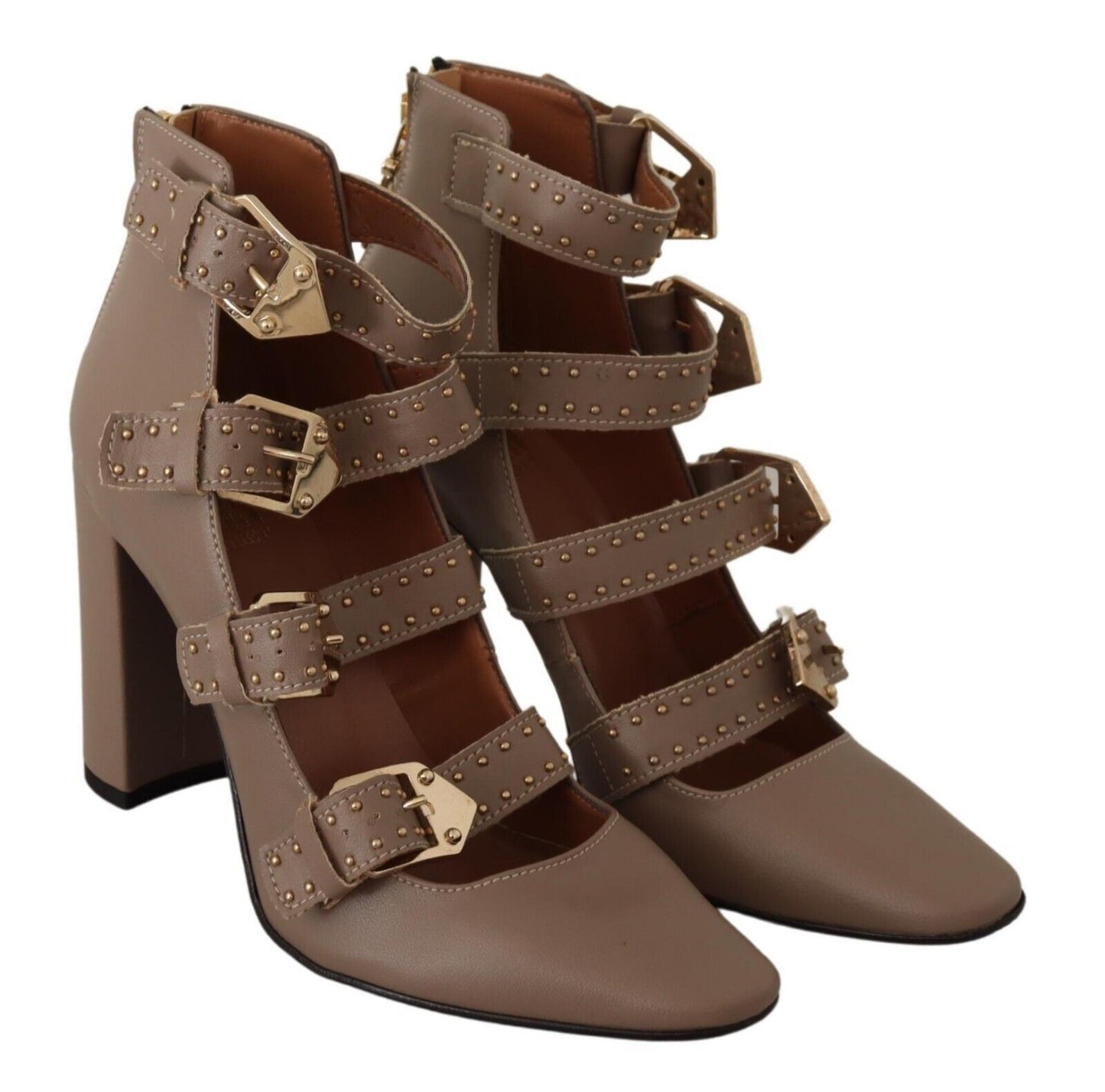 MY TWIN Elegant Leather Multi-Buckle Heels in Brown EU37 | US6.5