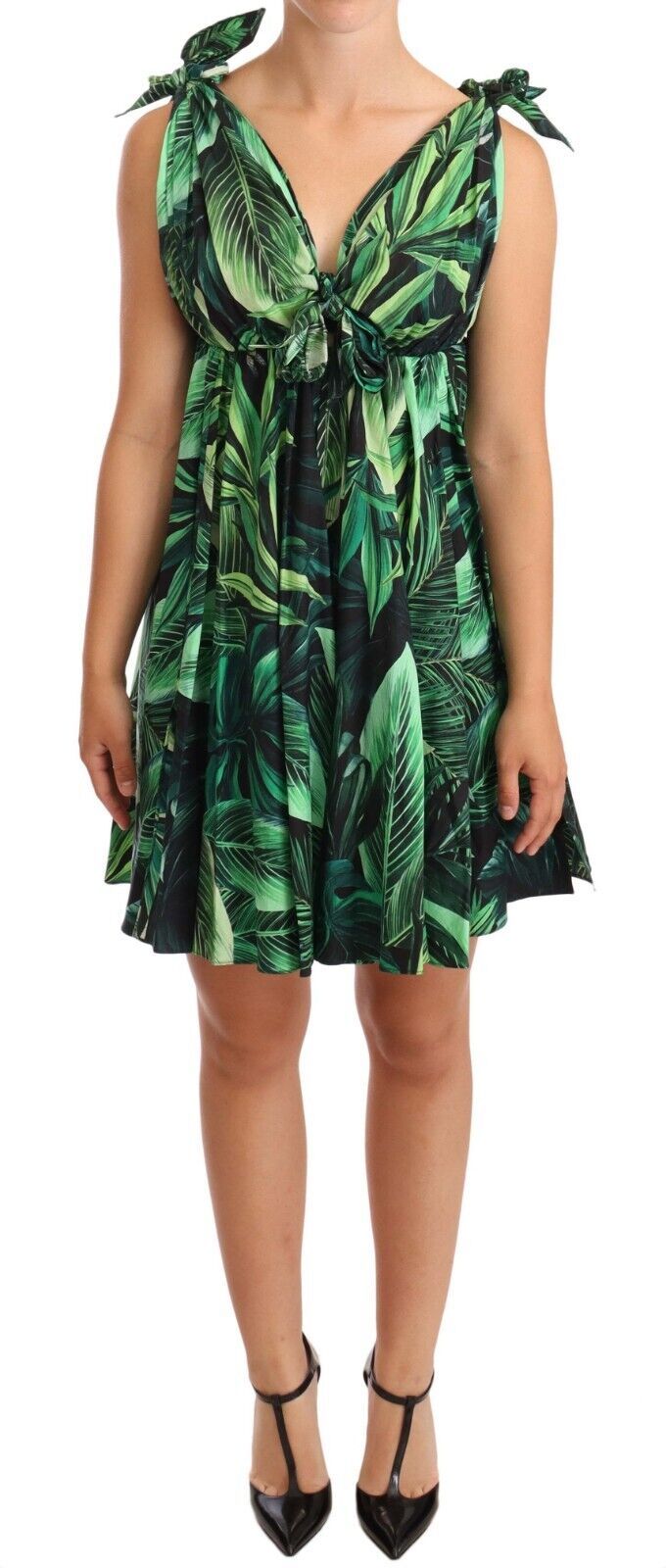 Dolce & Gabbana Elegant Flared Mini A-Line Dress in Green Leaf Print IT38 / XS