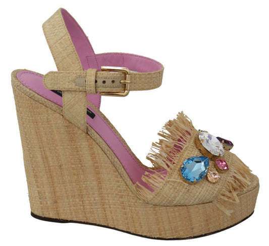 Dolce & Gabbana Beige Silk Strap Wedge Sandals EU38 / US7.5