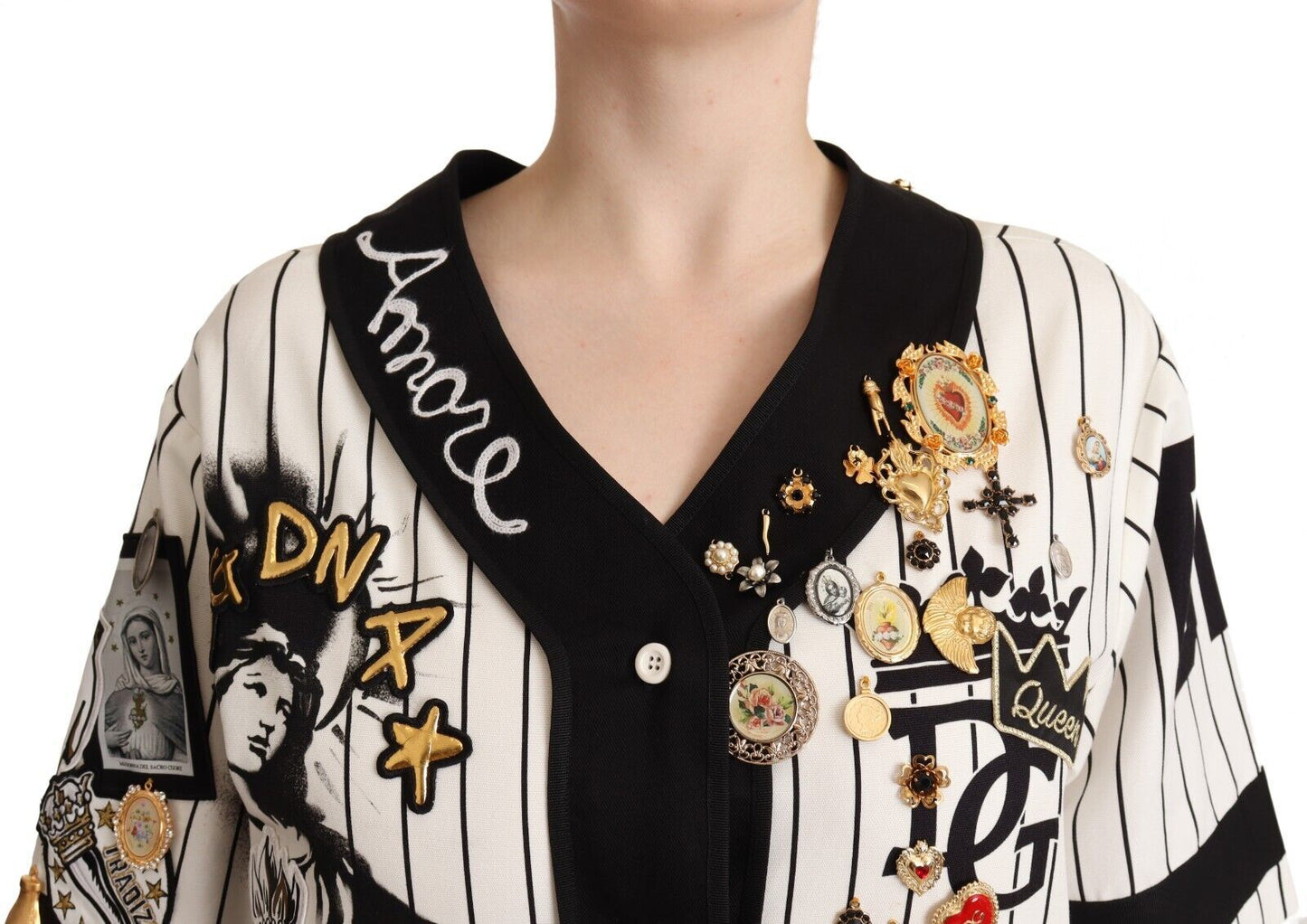 Dolce & Gabbana Elegant Striped V-Neck Blouse with Charms IT38 / XS