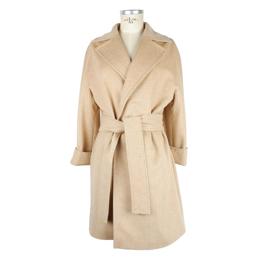 Made in Italy Elegant Beige Wool Coat with Waist Belt IT46 | L