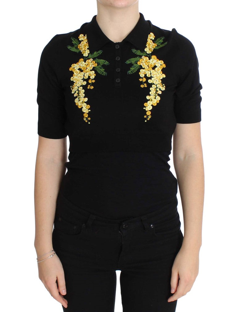 Dolce & Gabbana Elegant Black Silk Floral Polo Top IT36 / XXS