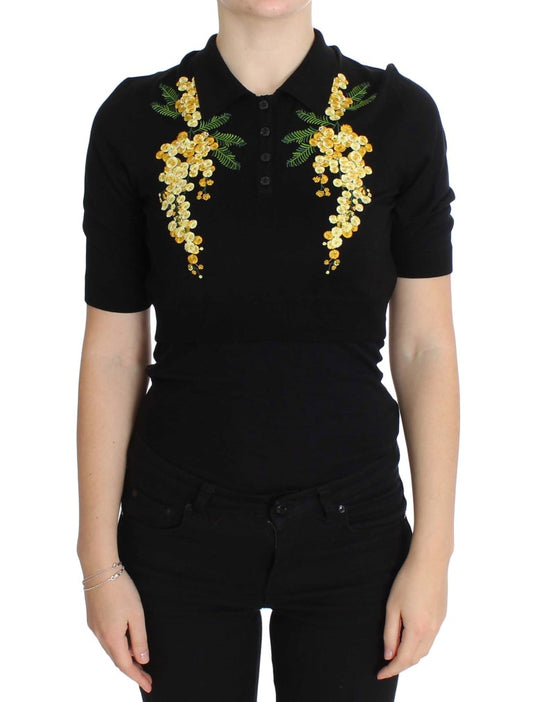 Dolce & Gabbana Elegant Black Silk Floral Polo Top IT36 / XXS