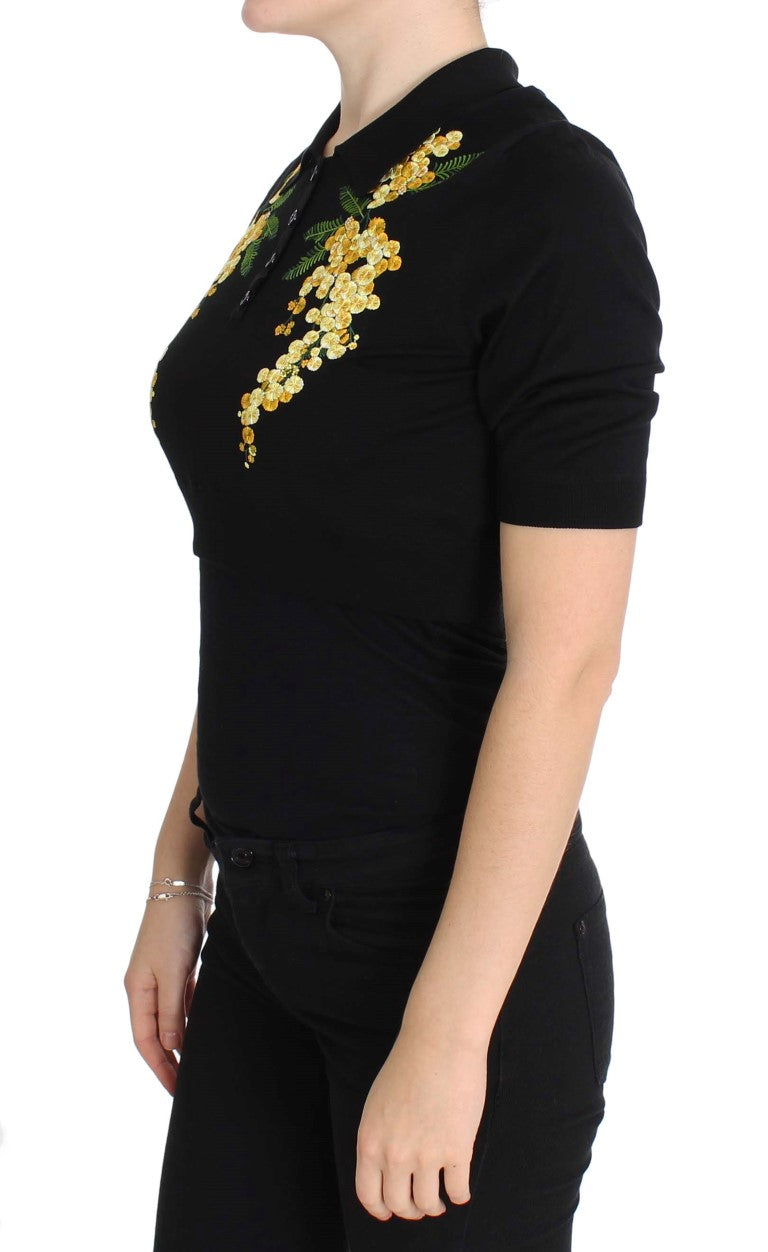 Dolce & Gabbana Elegant Black Silk Floral Polo Top IT36 / XXS