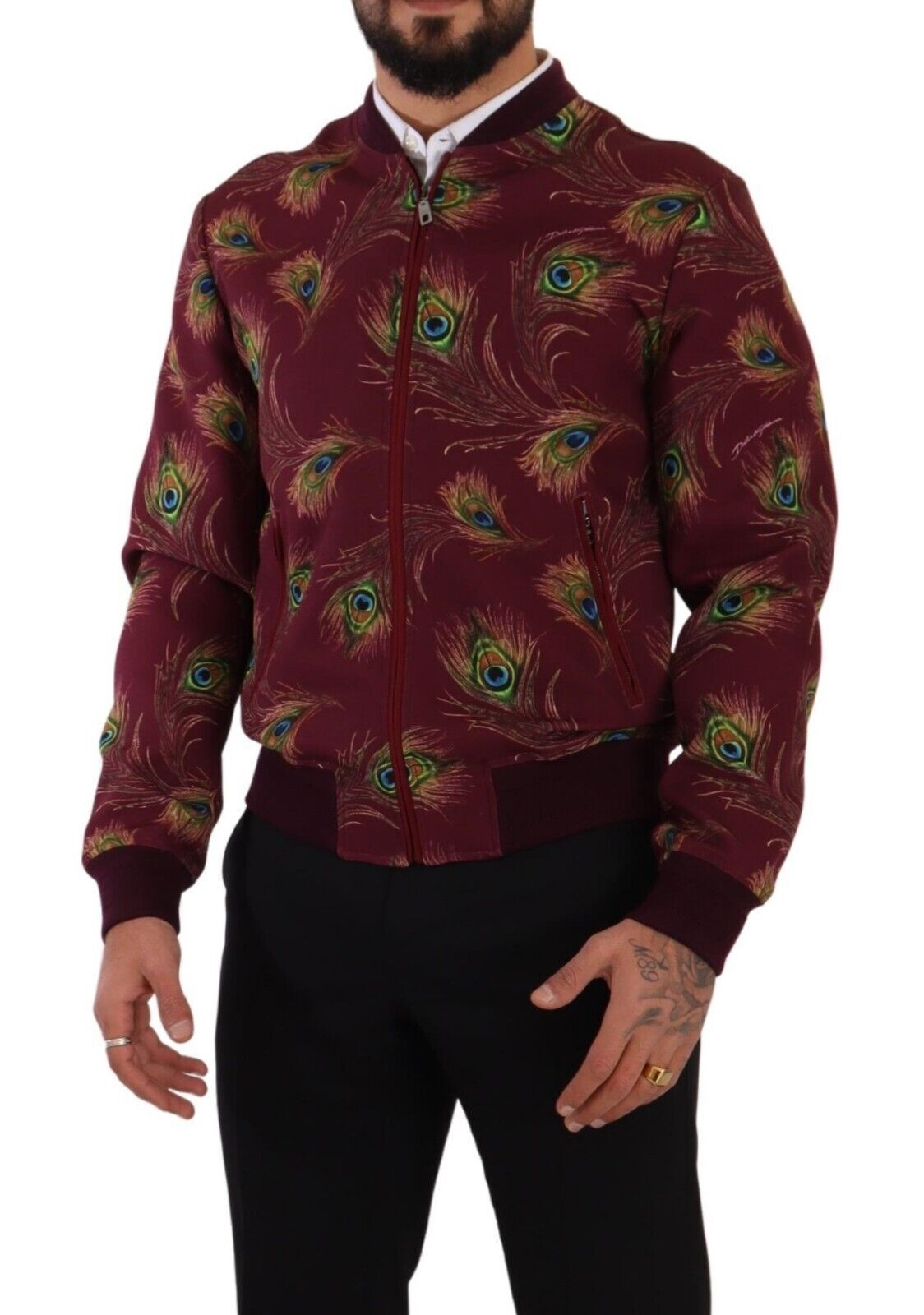 Dolce & Gabbana Radiant Red Peacock Print Bomber Jacket IT48 / M