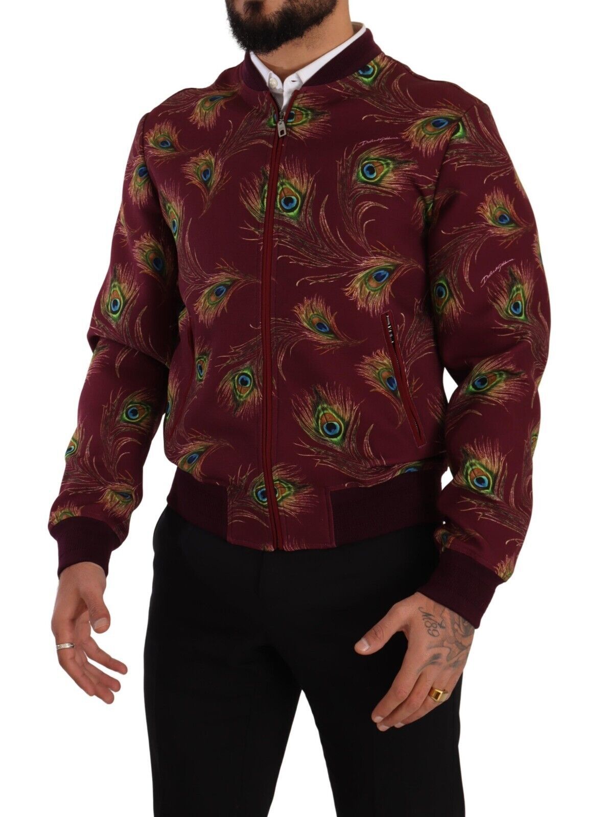 Dolce & Gabbana Radiant Red Peacock Print Bomber Jacket IT48 / M