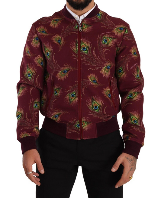 Dolce & Gabbana Radiant Red Peacock Print Bomber Jacket IT48 / M